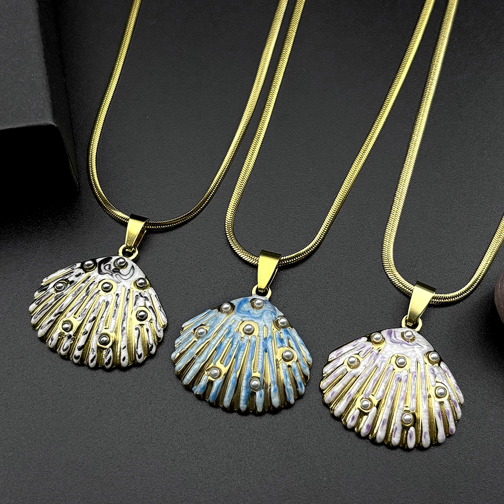 

Stainless Steel Enamel Conch Charms Shell Pendant Necklace for Women Summer Ocean Imitation Pearls Chain Necklaces Jewelry Gift