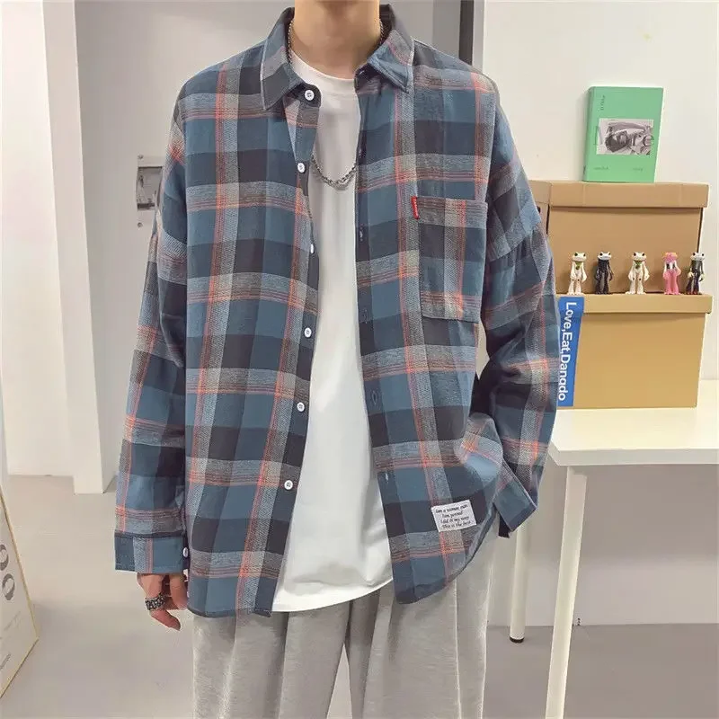 E-BAIHUI Men Autumn Plaid Shirys Casual Loose High Street Long Sleeve Men's Clothing Korean Fashion Trends Oversized Streetwear