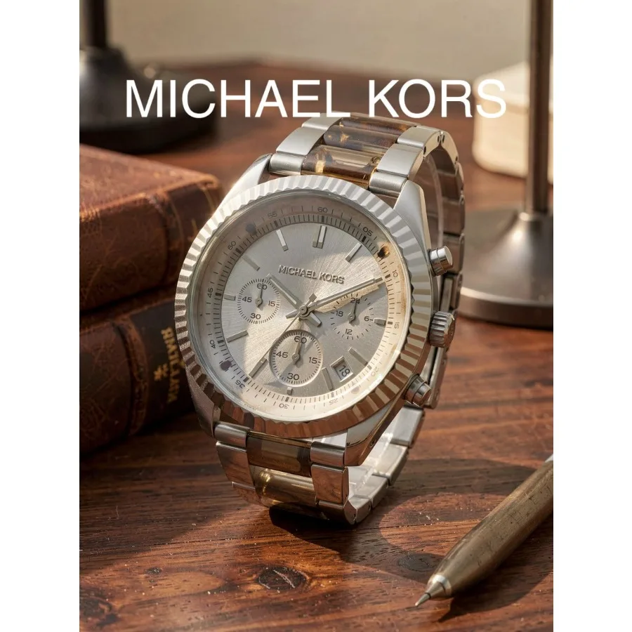 Michael Kors Women Chronograph Watch Silver Steel Tortoise Band Silver Dial Calendar Ladies Wristwatch Gift