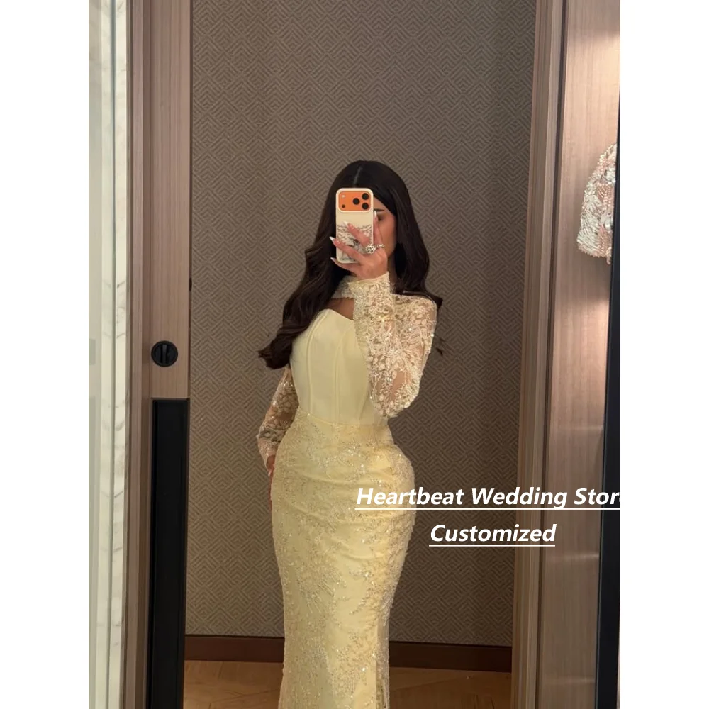 Customized Cream Long Sleeve Beaded Lace Mermaid Mother of the Bride Dresses Cutout Neck Corset Bodice Sequined Evening Dress