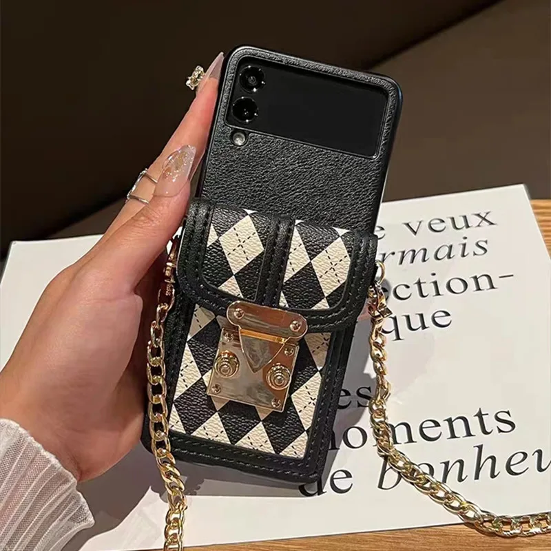 Luxury Rhomb Wallet Card Crossbody Necklace Lanyard Phone Case for Samsung Galaxy Z Flip 6 Z Flip 5 Z Flip 4 3 5G Z Flip Cover