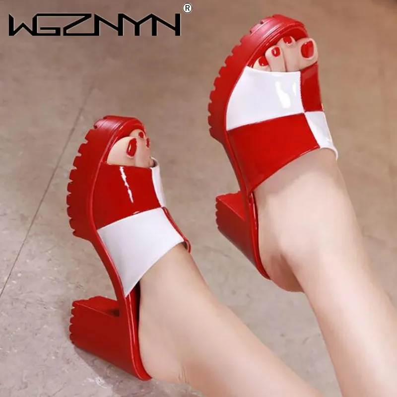 Luxury Patent Leather Platform Slides Sandals 2024 Summer Shoes Peep Toe Elegant High Heels Slippers Women Party Office Footwear