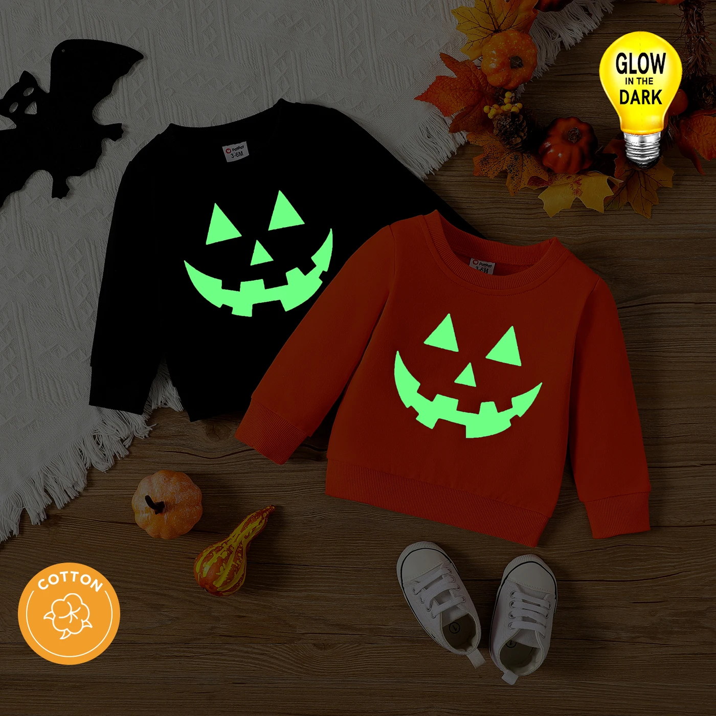 PatPat Halloween Baby Boy/Girl 100% Cotton Long-sleeve Glow In The Dark Pumpkin Face Print Sweatshirt