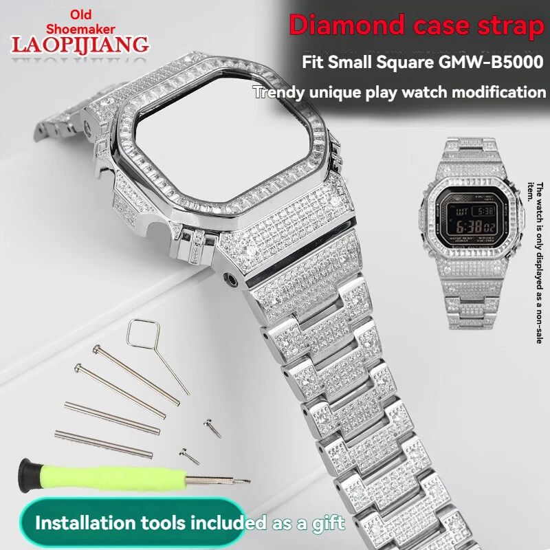 Adaptation for Casio G-SHOCK Square Metal Modified GMW-B5000 Series Steel-Inlaid Diamond Watchband Case Replacement Accessories