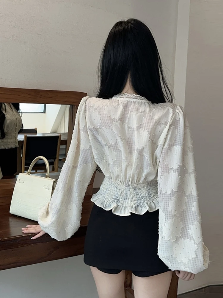 الخريف الدانتيل والتطريز الأزهار الخامس الرقبة بلوزة شيفون الأبيض المتخصصة مرونة الخصر نفخة الأكمام بلايز المرأة أنيقة الأسود مكتب العمل #5