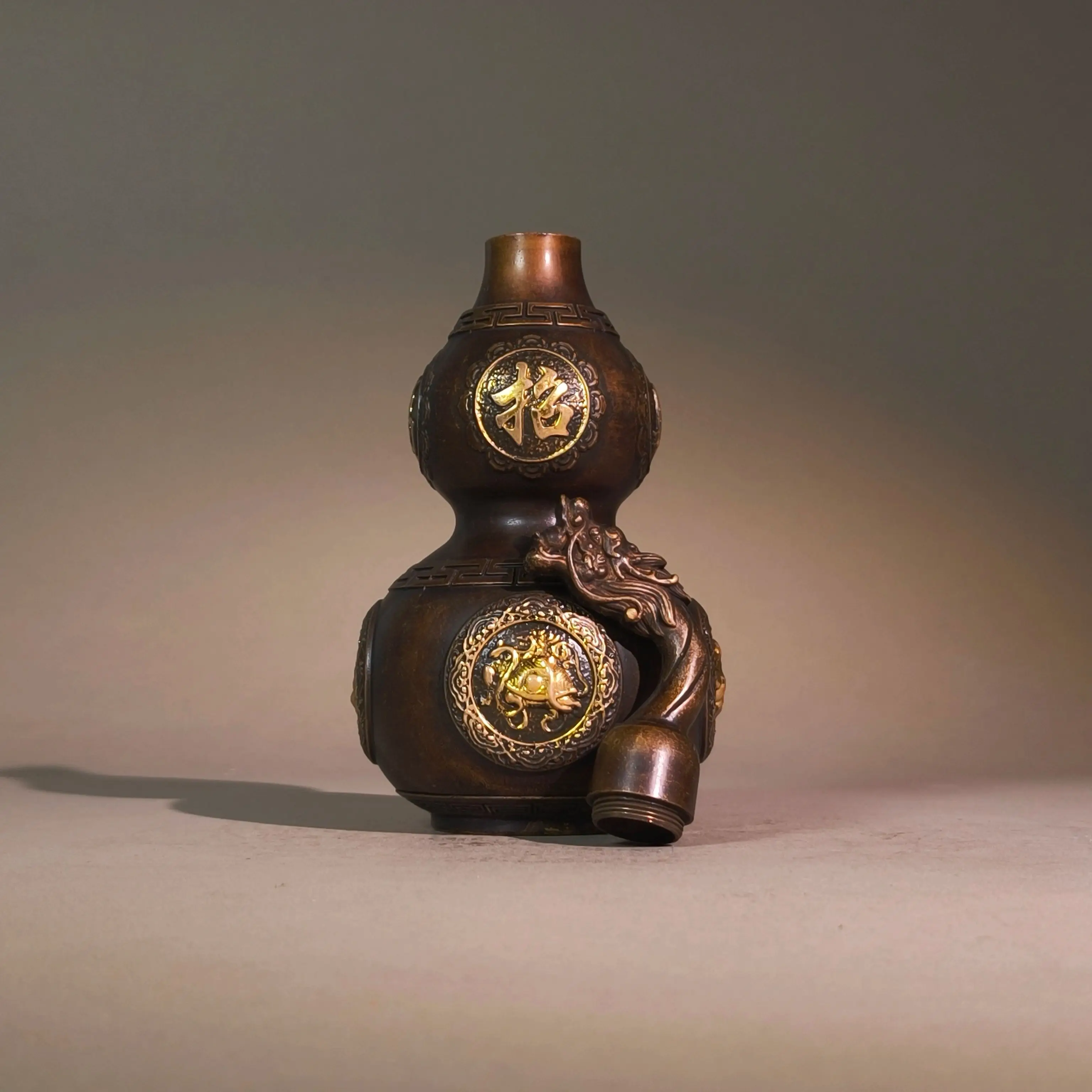 Ornamental Pure Copper Artifact with Four Divine Beasts, Dragon Head and Gourd Symbolizing Blessings and Fortune, for Office, Ho