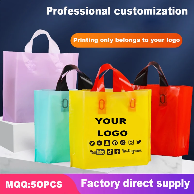 

Shopping Clothing Store Hand Custom girls' Clothing Store Clothes Plastic Printed Logo Gift Bright surface Bag 50pcs