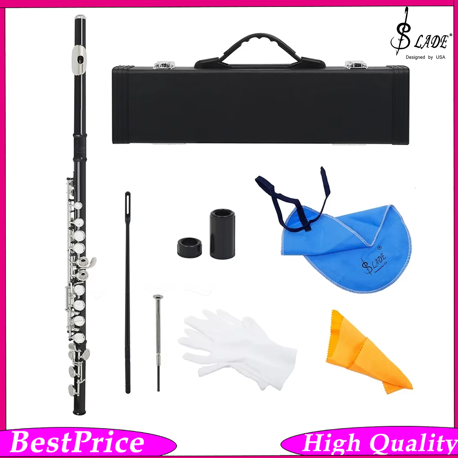 SLADE 16 Holes Flute C Tone Nickel Plated Concert Closed Key Flute with E Key Woodwind Instrument for Flute Lovers Performance