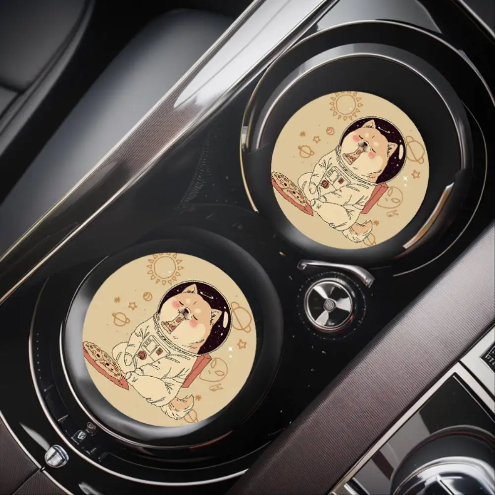 Astronaut & Shiba Inu Car Cup Holder Coasters 2pcs Non-Slip Rubber Drink Mats For Vehicle Interior