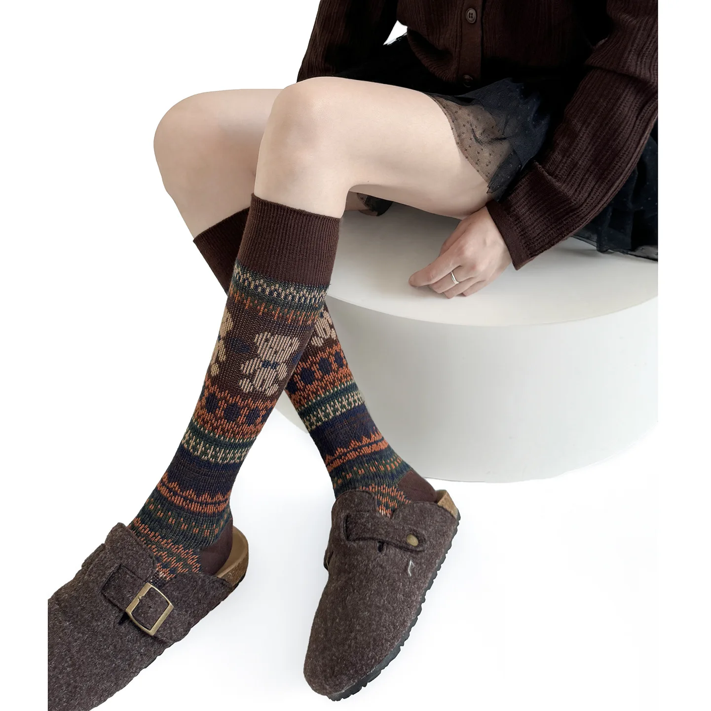 خمر الدب نمط إبرة مزدوجة Kitted النساء الركبة عالية جوارب قطنية الخريف الشتاء منتصف العجل تنوعا ريترو شيك نمط الشارع
