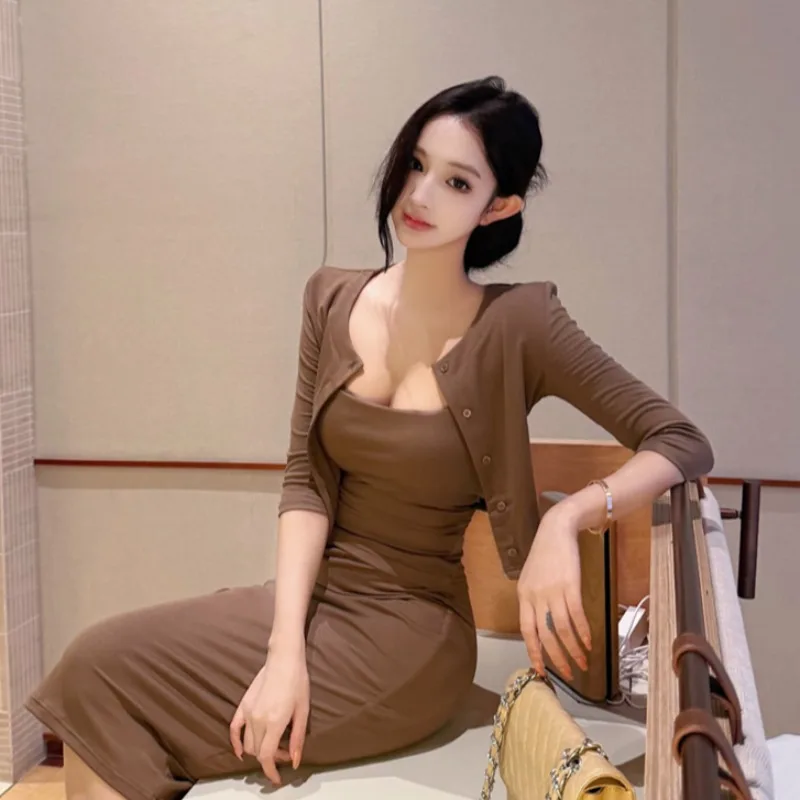 Fall Season High Elasticity round Neck Button Cardigan with Chest Pad Strap Vest Top And Half Skirt Three Piece Set Women's F...