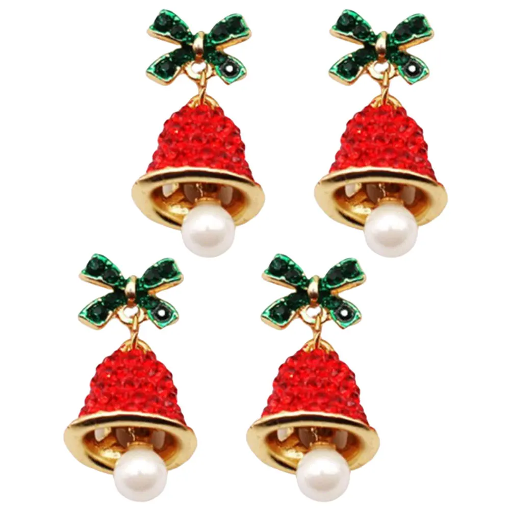 

2pcs Christmas Earrings Festive Bow Bell Jewelry Crystal Rhinestone Dangling Earrings For Holiday Party Alloy Pearl Charm Red