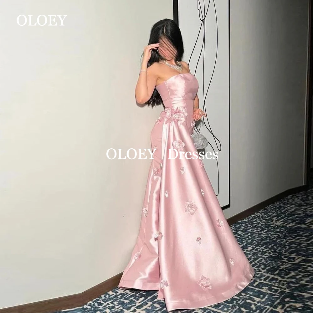 

OLOEY Luxury Pink Appliques Formal Prom Dresses Strapless Straight Wedding Party Gowns Customized Pleats Floor Length Sleeveless