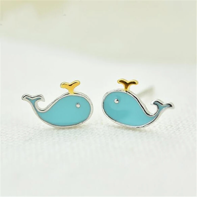 New Fashion Beautiful Female Jewelry Sweet Whale 925 Sterling Silver Cute Blue Fish Dolphin Epoxy Animal Stud Earrings E134