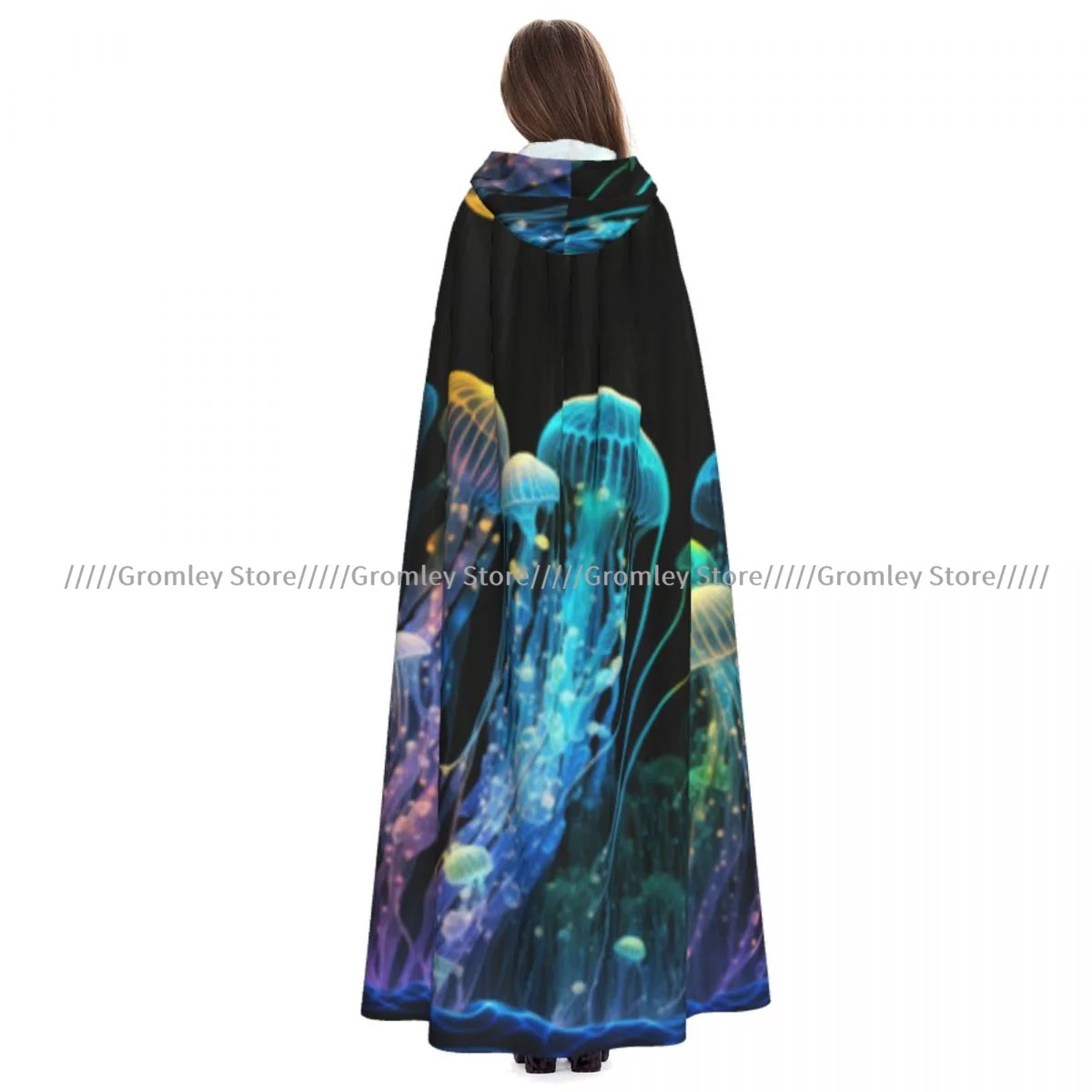 Unisex Halloween Cloak Sea Jellyfishes Background Cape Hooded Medieval Costume Witch Wicca Vampire