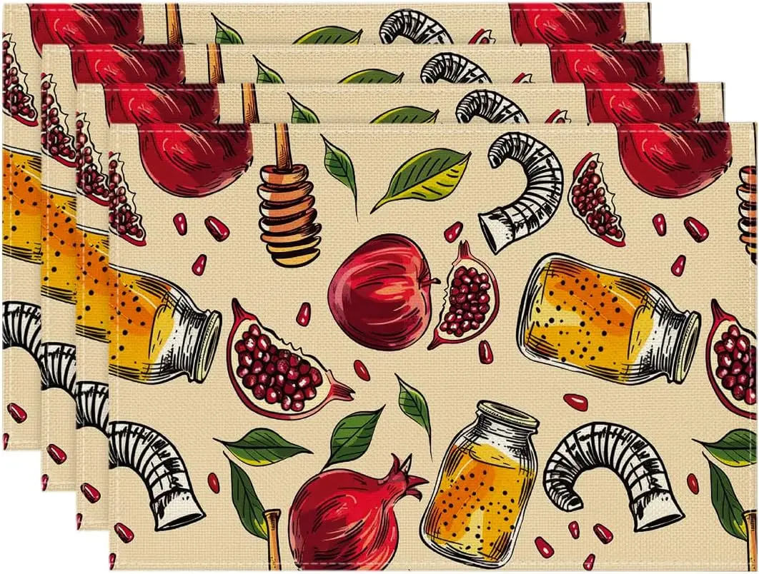 Rosh Hashanah Pomegranate Honey Linen Placemats Jewish Holiday Decor Reusable Kitchen Dining Table Mats Shana Tova Decorations