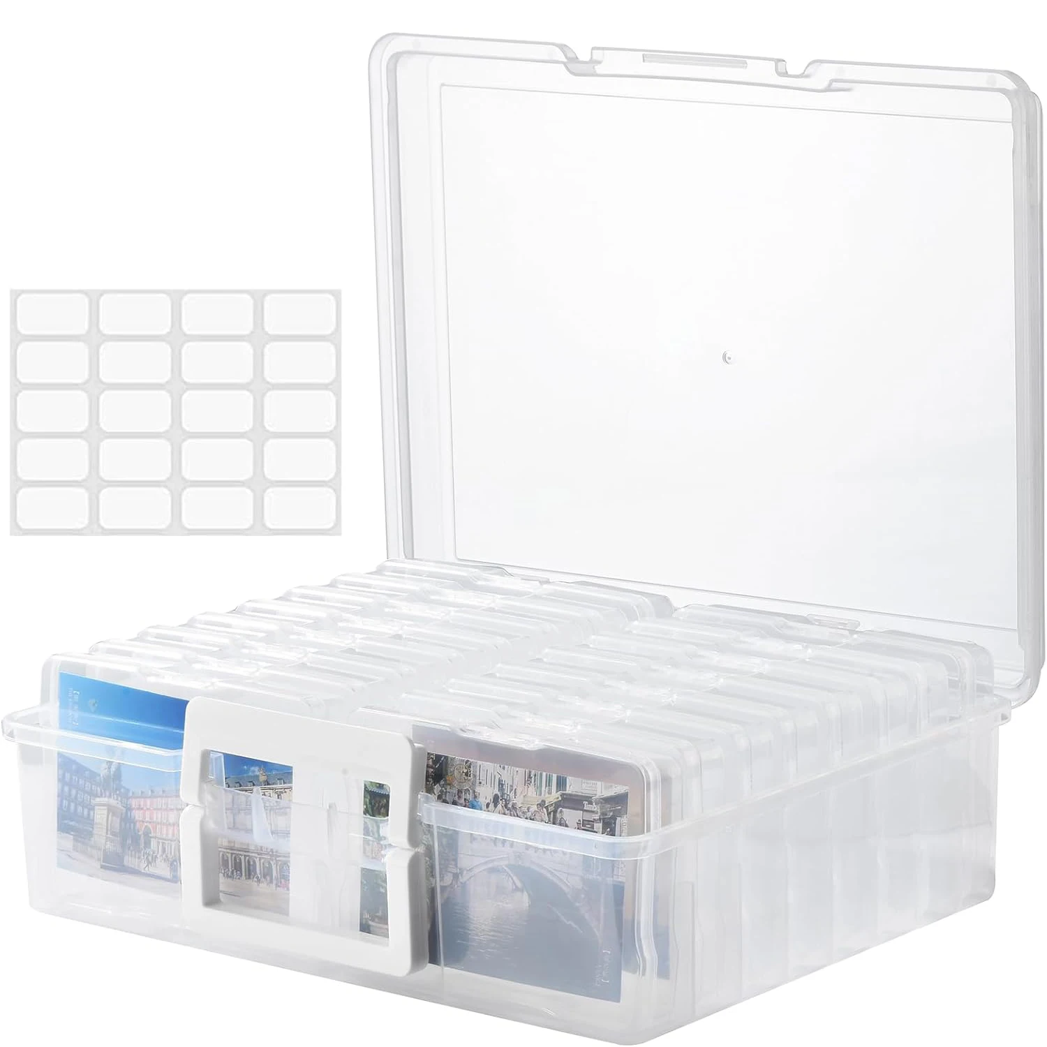 Photo Storage Box with Handle, Photo Organizer Storage Container with 16 Inner Case and 1 Sheet Label for Pictures, Arts