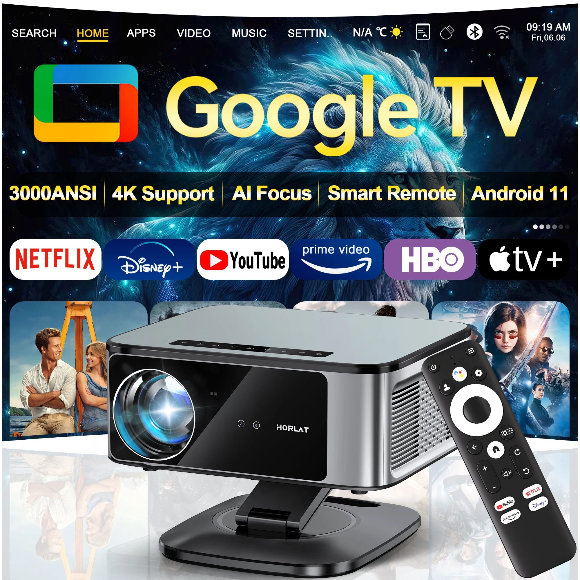 מקרן גוגל TV HORLAT 2026, 3000ANSI לומן, Full HD 1080P, מיקוד אוטומטי, WiFi 6, תמיכה ב-3D ו-4K, מקרן קולנוע ביתי חכם עם Dolby