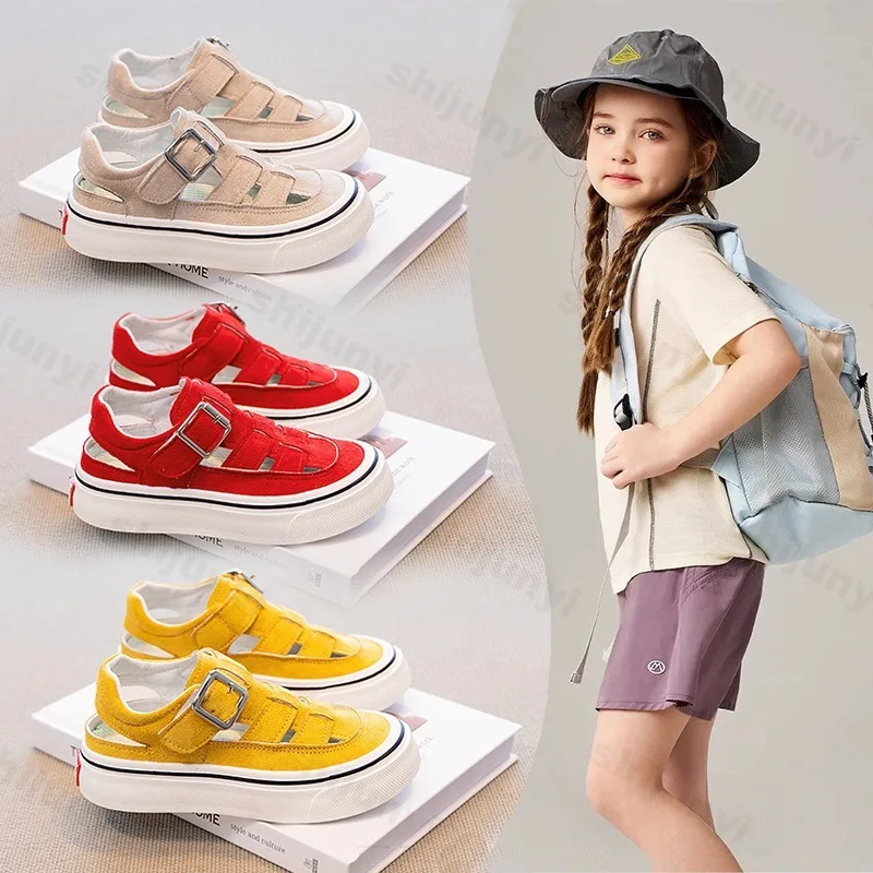 

Новинка лета 2024, парусиновая повседневная обувь, детские дышащие модные трендовые сандалии на толстой подошве, тканые дизайнерские спортивные кроссовки