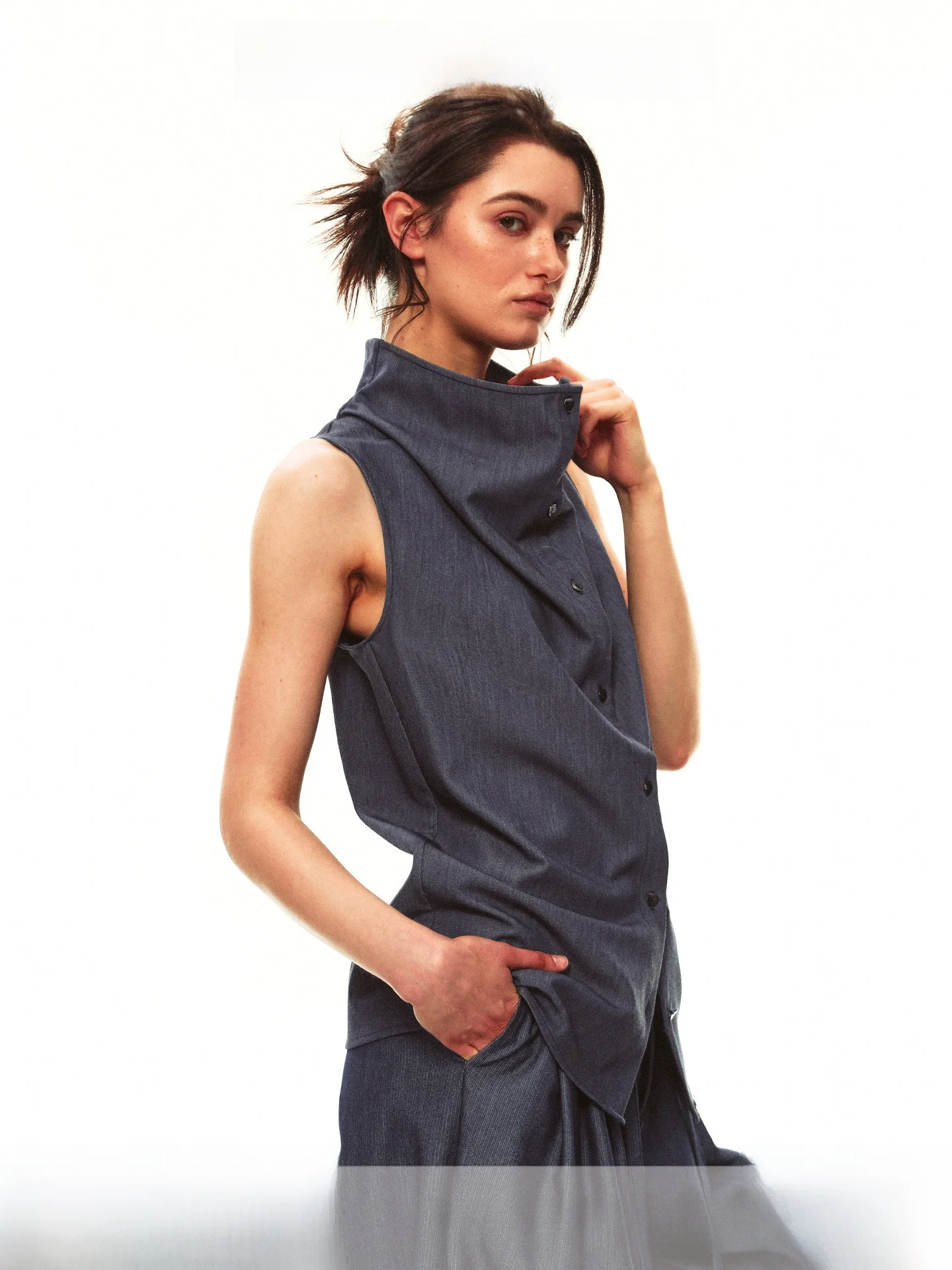 Summer Casual Sleeveless Shirt Vest Set Single Moment Drawstring Bateau Neck Sword Pleat Loose Fit Women's Fashion Outerwear