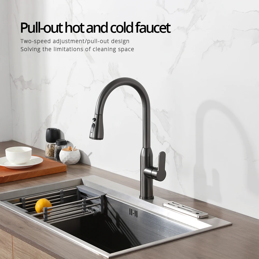 Gunmetal Pull Out Kitchen Faucet Hot And Cold Water Mixer Deck Mounted Single Handle Single Hole Sprayer Splash-Proof Water Tap