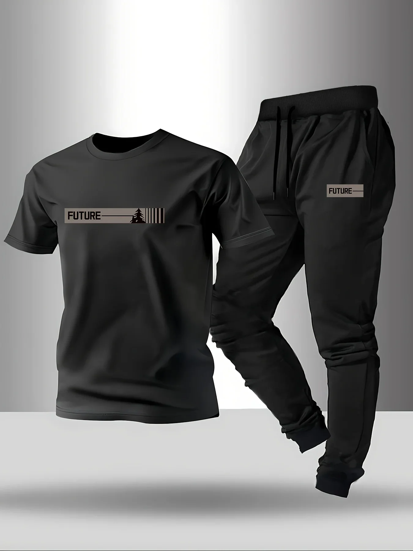 

Men's clothing round neck short-sleeved top drawstring sports trousers comfortable summer spring and autumn running sports