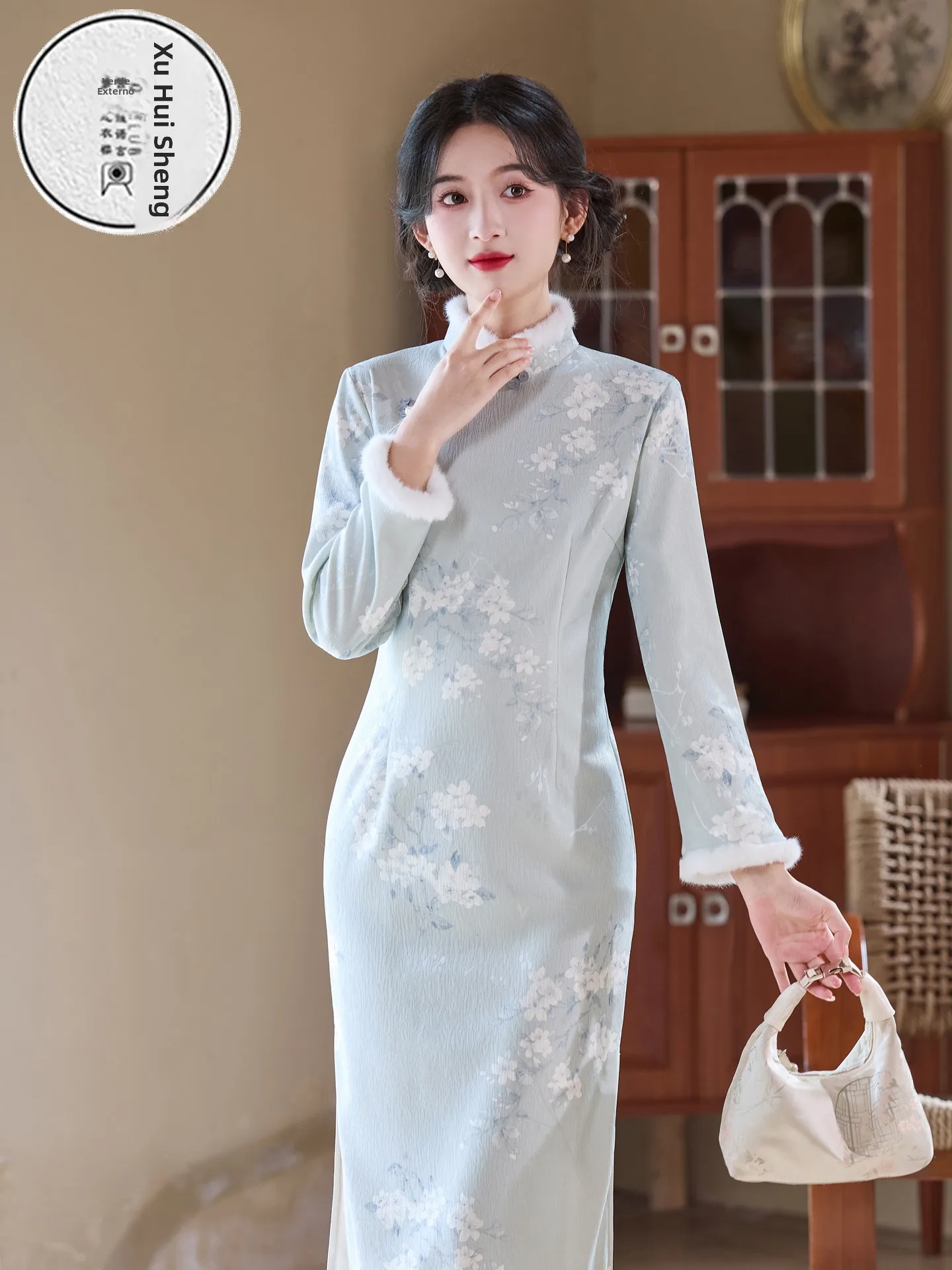 thiened-fce-lined-sle-midi-dr-women's-plus-size-long-gown-vintage-inspired-daily-wear-floral-print-warmth