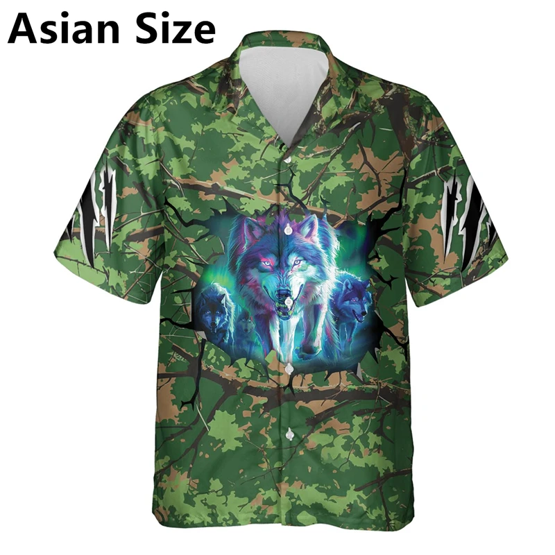 Trend Wolf Graphic Hawaiian Shirts For Men Fashion Summer Lapel Button 3D Animals Printed Blouse Loose Streetwear Cool Tops