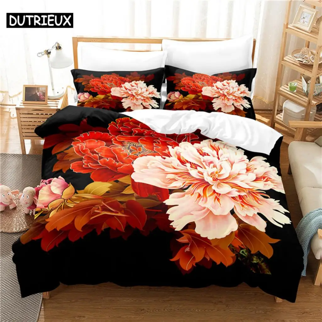 

3D Digital - Printed Beautiful Flowers - Themed Queen - Sized Duvet Cover Set with Fashionable Design for Bed Linen