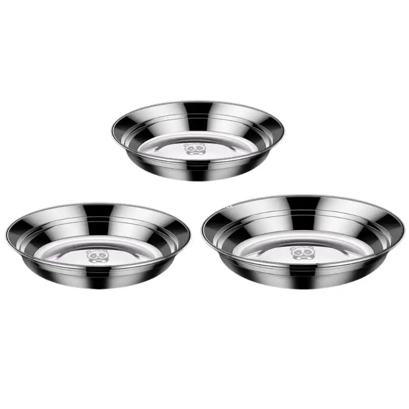 

3 Pack 316 Stainless Steel Dinnerware Plates for Family Meals Deepened Round Dish Heat Resistant Metal Dinnerware