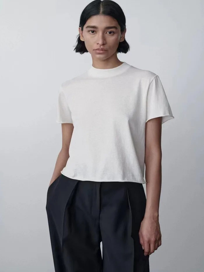 

Loose ort Sve round Ne T-irt Women's Casual Sle Spring Summer Cotton Pure Color Cuffed Hem Easy to Match Top