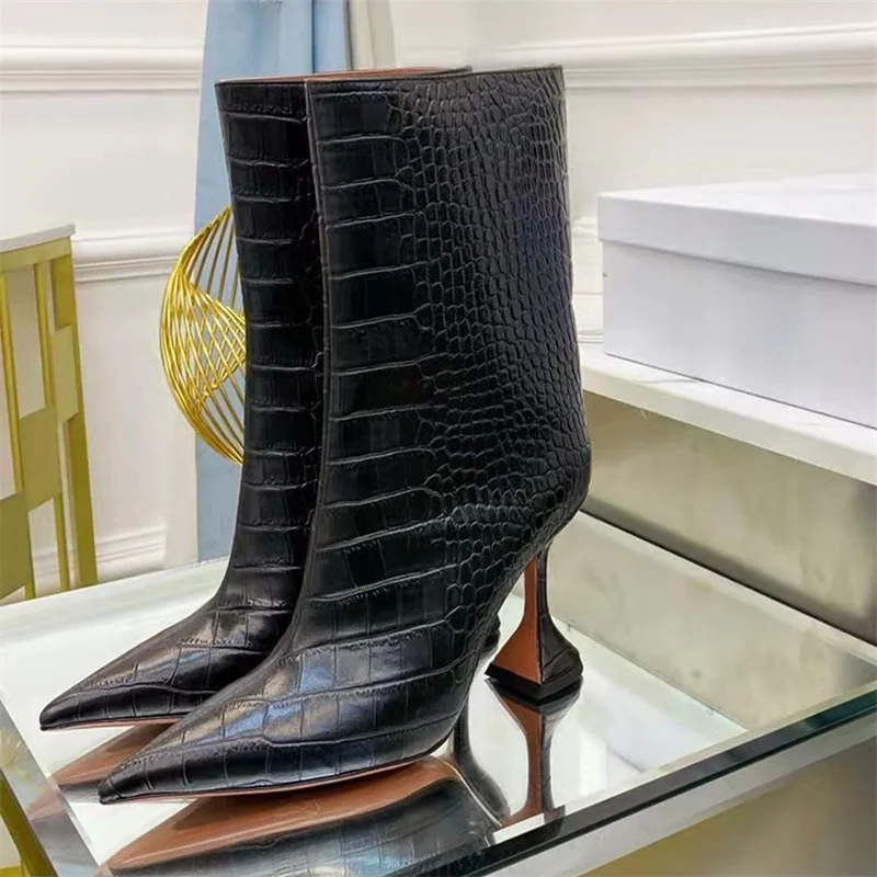 

Modern Boots Women Western Crocodile Skin Strange Style Heels Boots Mid-Calf Zipper Boots Fashion Occasion High Boots Woman