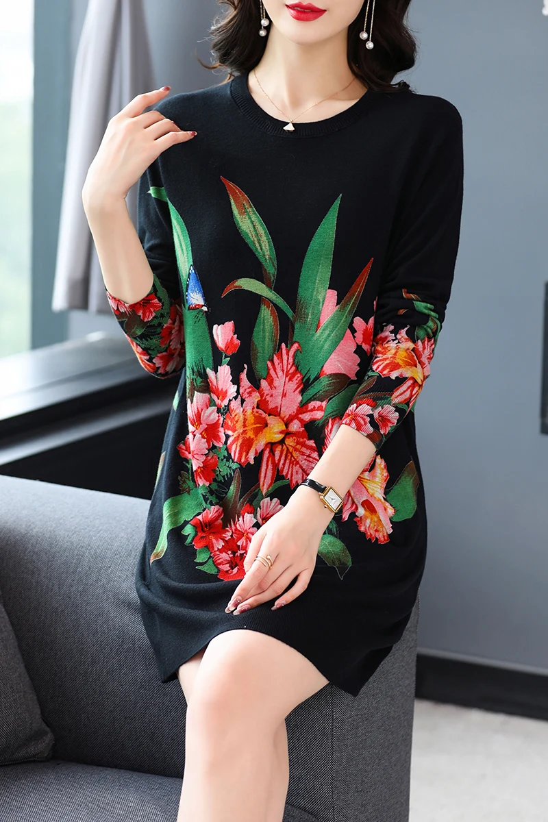 

Floral Print Long Sweaters Dress Autumn Casual Long Sleeve Top Pullovers Knitwear Jumper Pull Elasticity Long Sweater Women