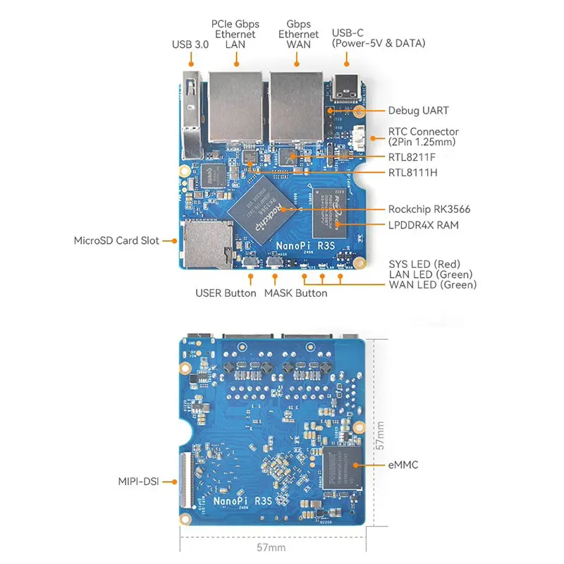 NanoPi R3S Mini Soft Router Rockchip RK3566 2GB RAM+0GB/32GB eMMC Dual Network Port Demon Board