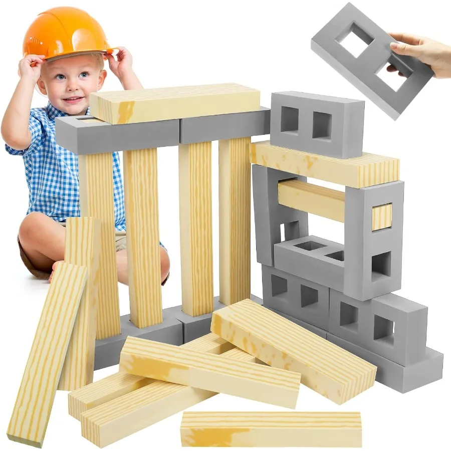 

24 Pcs Foam Wooden Beam Soft Foam Brick Building Blocks Unit Fake Brick Building Blocks Giant Stacking Sets for Kids Toddler Con