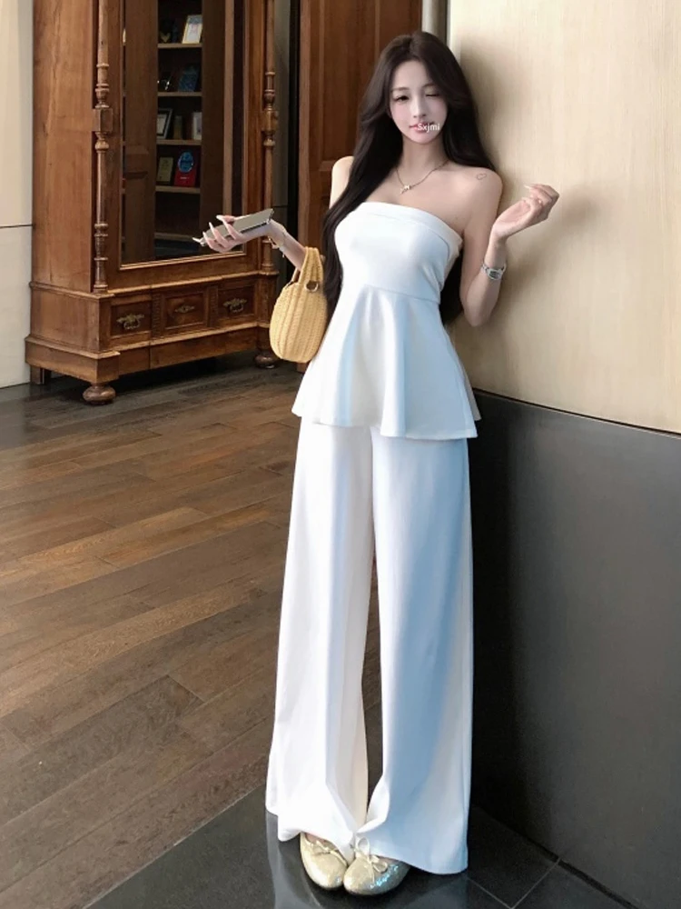 

Модная повседневная юбка с застежкой на талии, комплект Ele Personali, сексуальный топ на бретельках, юбка трапециевидной формы с высокой талией, широкие брюки