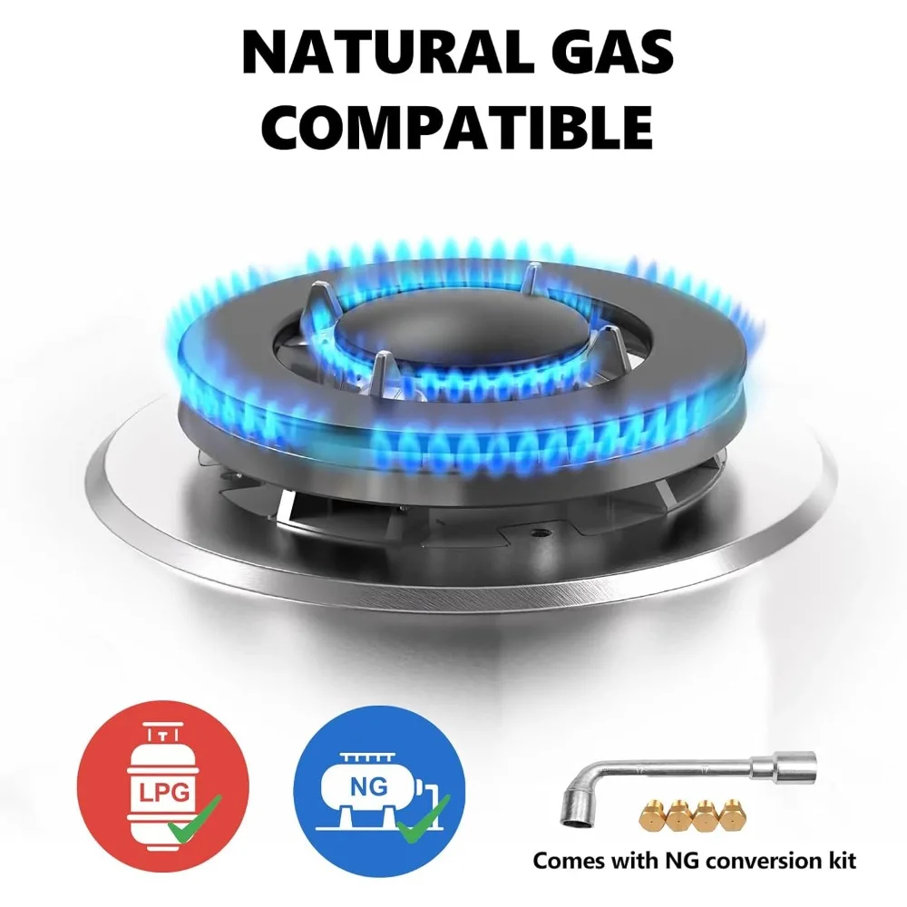 Kompor Gas 4 Tungku, Kompor Gas Built-in 24 Inci untuk RV, Kompor Propana Konvertibel NG/LPG dengan Pengaman Termokopel, Stainless