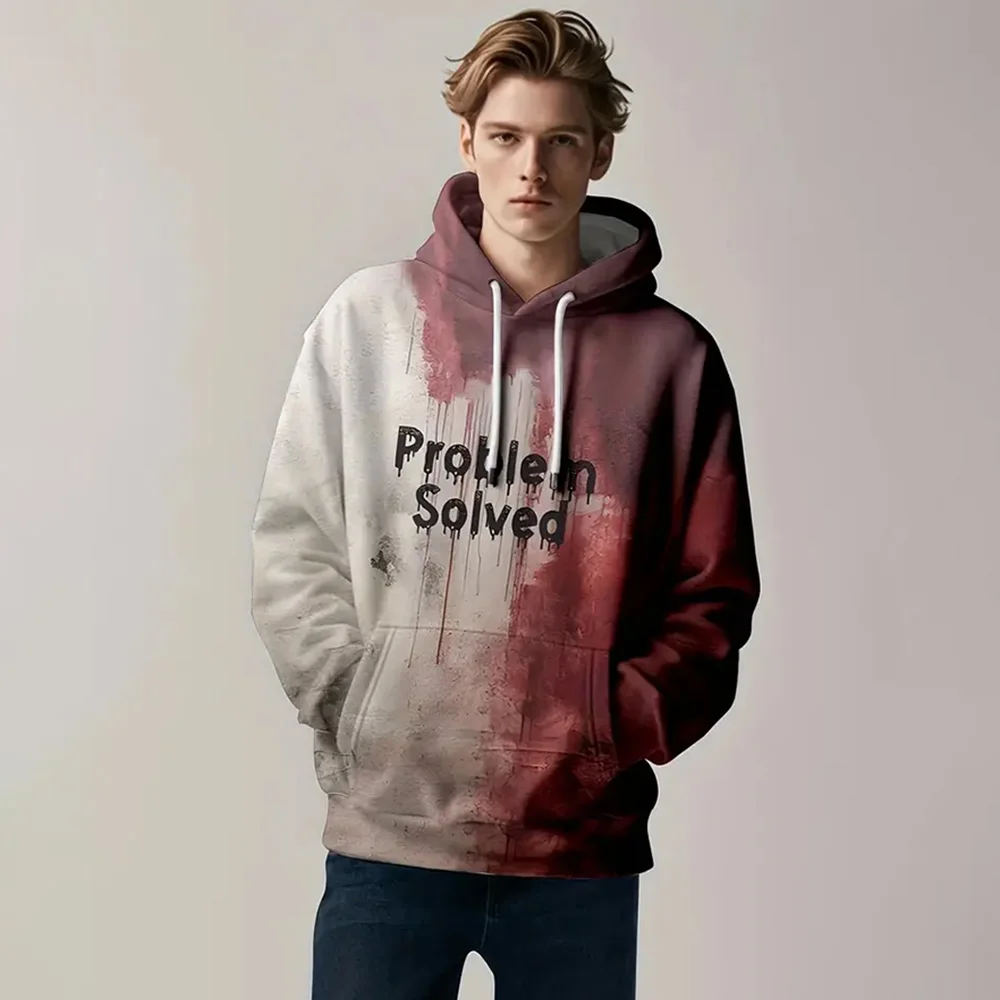 Men's color contrast deconstructed print hoodie with kangaroo bag, casual long-sleeved hoodie, suitable for outdoor wear