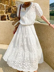 GypsyLady French Chic Embroidery Maxi Skirt White Boho Casual Summer Women Long Sheer Hollow Out Ruffles Ladies Skirts Falda