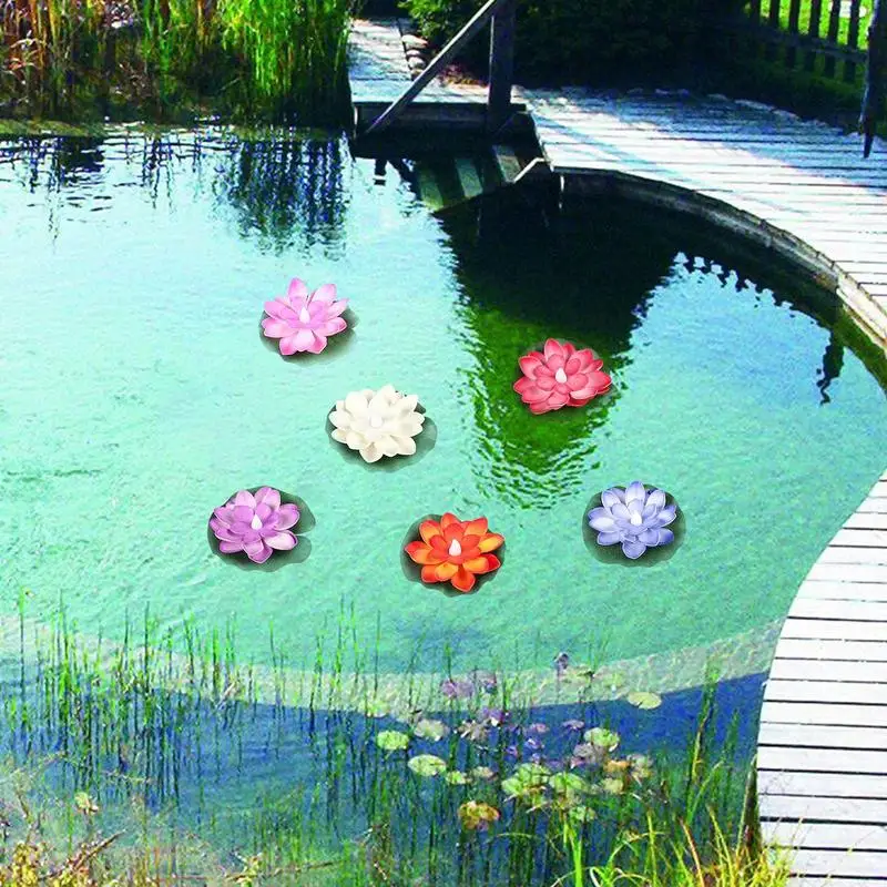 Lámpara LED de noche con forma de loto para decoración de jardín, lámpara de flores con Sensor de agua flotante para decoración de pecera, accesorios de fiesta festiva, luz de loto de deseos, 6 piezas