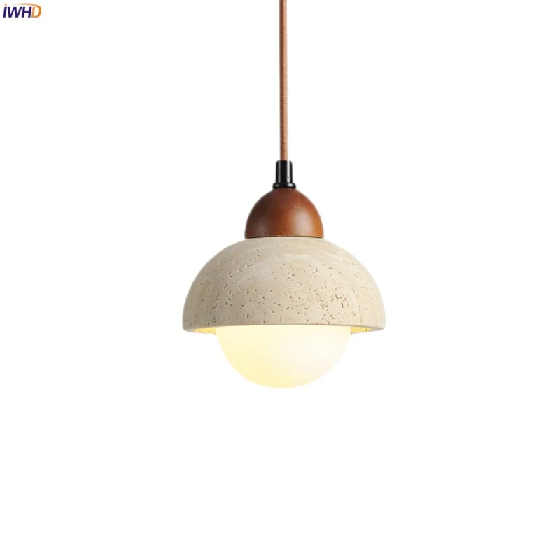 

IWHD Wabi Sabi Stone LED Hanging Lamp Wood Yellow Travertine Living Room Decoration Bedroom Vintage Pendant Lighting Lamparas