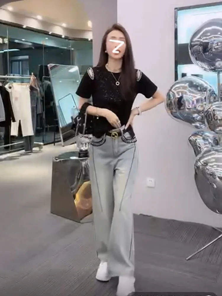 

Джинсы с высокой талией и прямыми штанинами, женские, летние, новый дизайн, утягивающие, универсальные, широкие брюки в европейском и корейском стиле