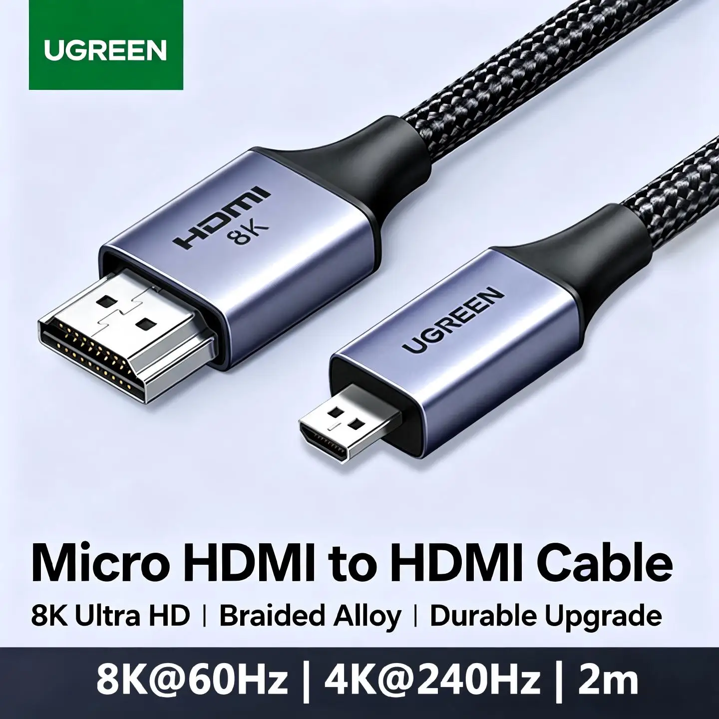 UGREEN Micro HDMI To HDMI 2.1 Adapter Cable 2m Braided 8K@60Hz 4K@240Hz Notebook Computer Game Monitor Camera Projector TV Long
