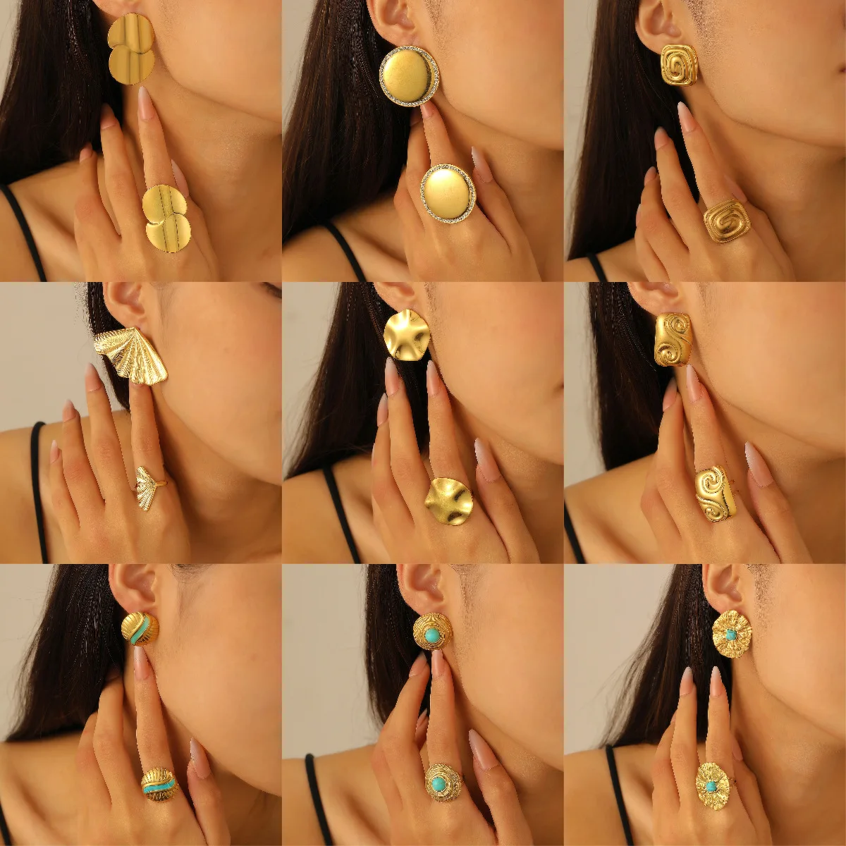 

Golden Flower Stainless Steel Ring Earrings Open Cuff Bangle Jewelry Set Women Accessories Boho Statement Piece For Gift