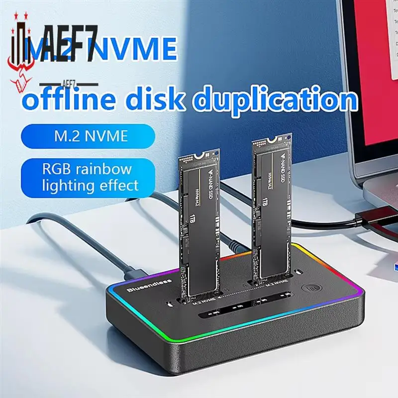 

AEF7-Blueendless Dual-Bay M.2 NVME SSD Docking Station RGB USB C Type C Offline Cloner Duplicator Nvme PCIE Enclosure