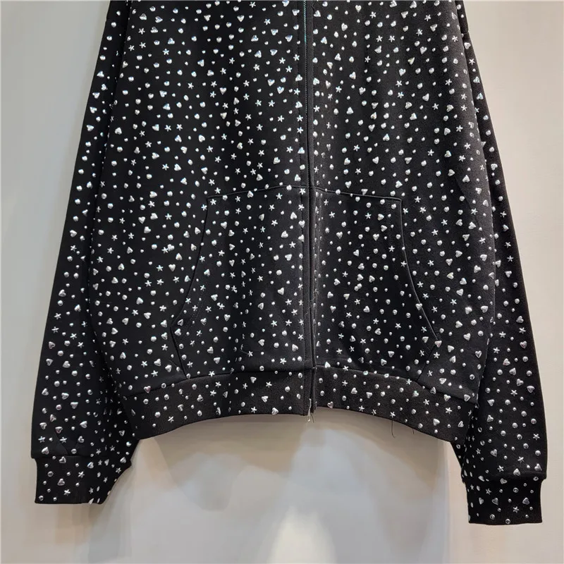 Imagem -02 - Jaqueta Bomber Solta Frisada com Estrelas Cabolsa Casual com Capuz Lantejoulas Cardigan com Zíper Padrão de Amor Requintado Perfuração Quente Outono Inverno