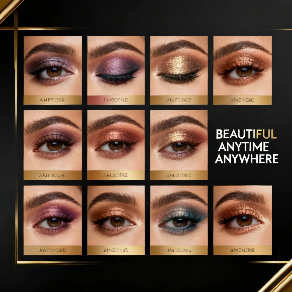 この接着剤不要のアイライナーとつけまつげステッカーセットには、蘭色、ゴールド、黒のグリッターつけまつげが4組含まれています。