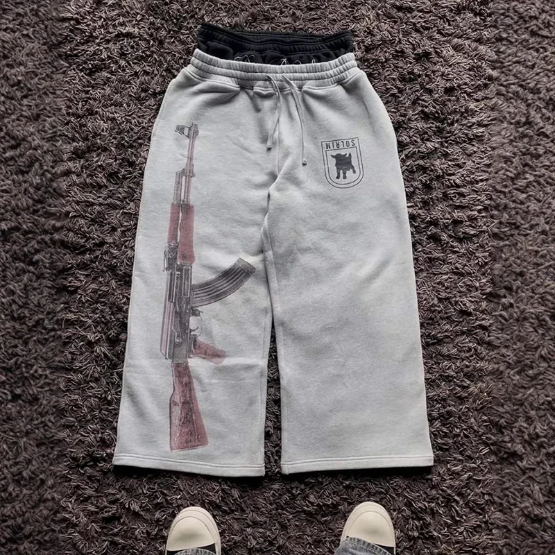 

High Street повседневные брюки мужские Y2K Harajuku прямые брюки осенние брюки с двойной талией брюки с индивидуальным принтом