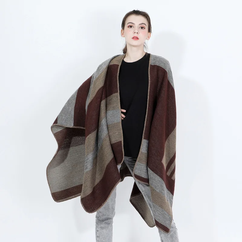 Women's Vintage Pattern Open Front Poncho Cape Winter Houndstooth Printed Scarf Blanket Shawl Wraps Cardigan Oversized Coat