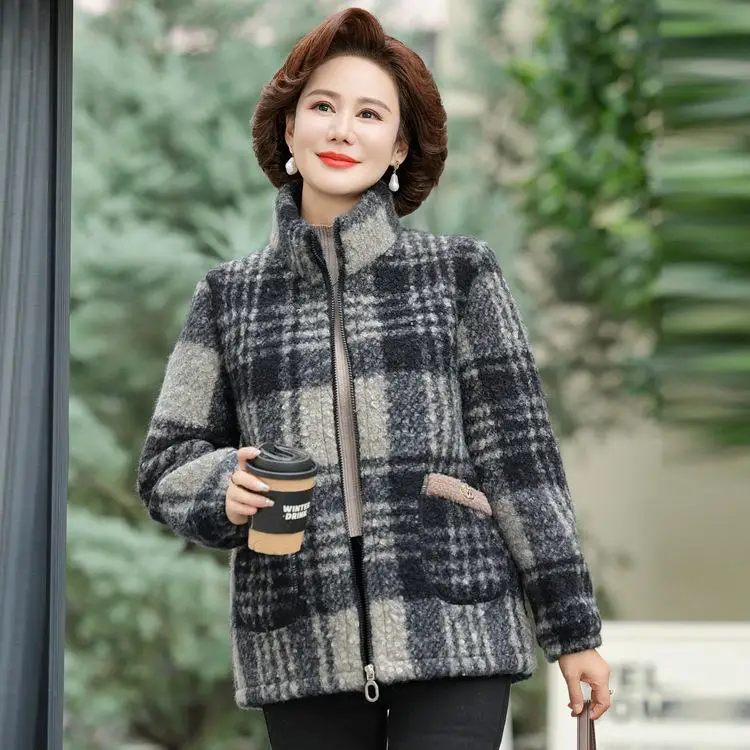 Faionable Fce Lined Thi Warm Women's Coat Winter 2025 New Loose Lazy Plaid Trendy Mom Clothes Cotton Outerwear